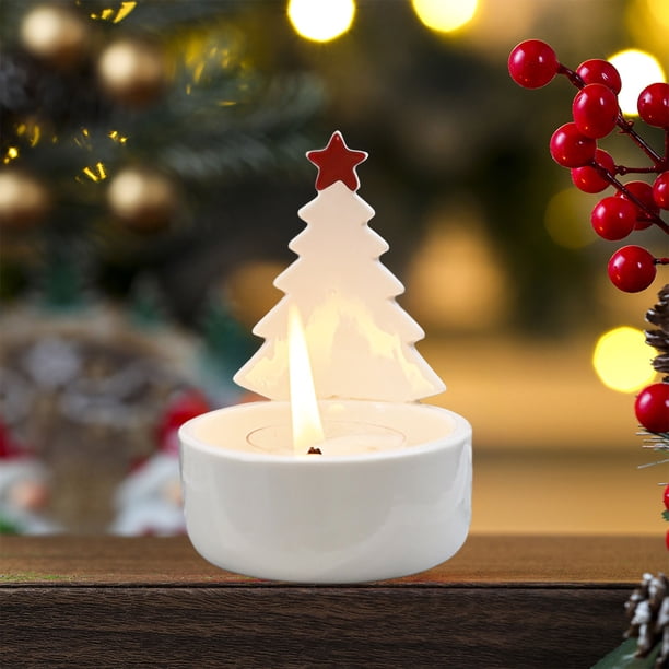 Adorno para candelabro del árbol de Navidad | Regalo de vela de aromaterapia cerámica | Verde, rojo, dorado, amarillo | 10,2x7,2cm | Decoración de corona de agujas de pino | Decoración de casas