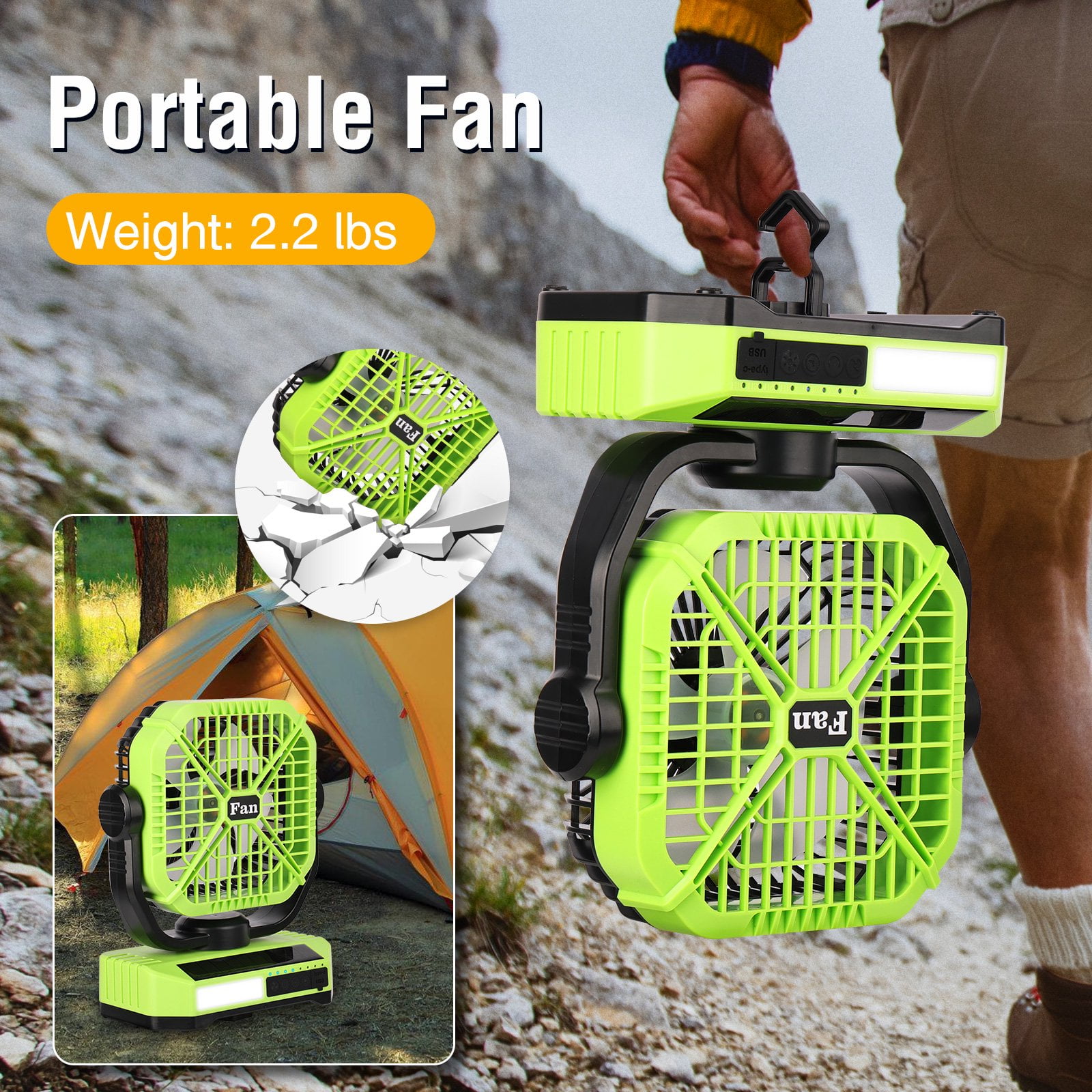 Camping Fan with LED Lantern, 10000mAh Rechargeable Tent Fan, 4-Speed Quiet Oscillating Fan with Remote & Hook, Portable Outdoor Fan for Camping Travel