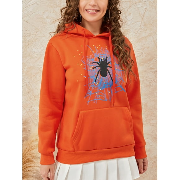 AIGUR Women Halloween Hoodie, Long Sleeve Hooded Cobweb Spider Print Sweatshirt Pullover Fall Tops with Pocket