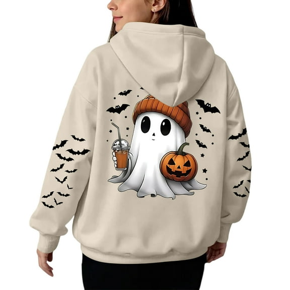 XADYUY Halloween Hoodies for Girls Size 10-12 Horror Ghost Drinking Coffee Sweatshirts with Hooded Preppy Long Sleeve Girls Pullover Top with Pocket Winter Sweaters for Teens,7-8 Years