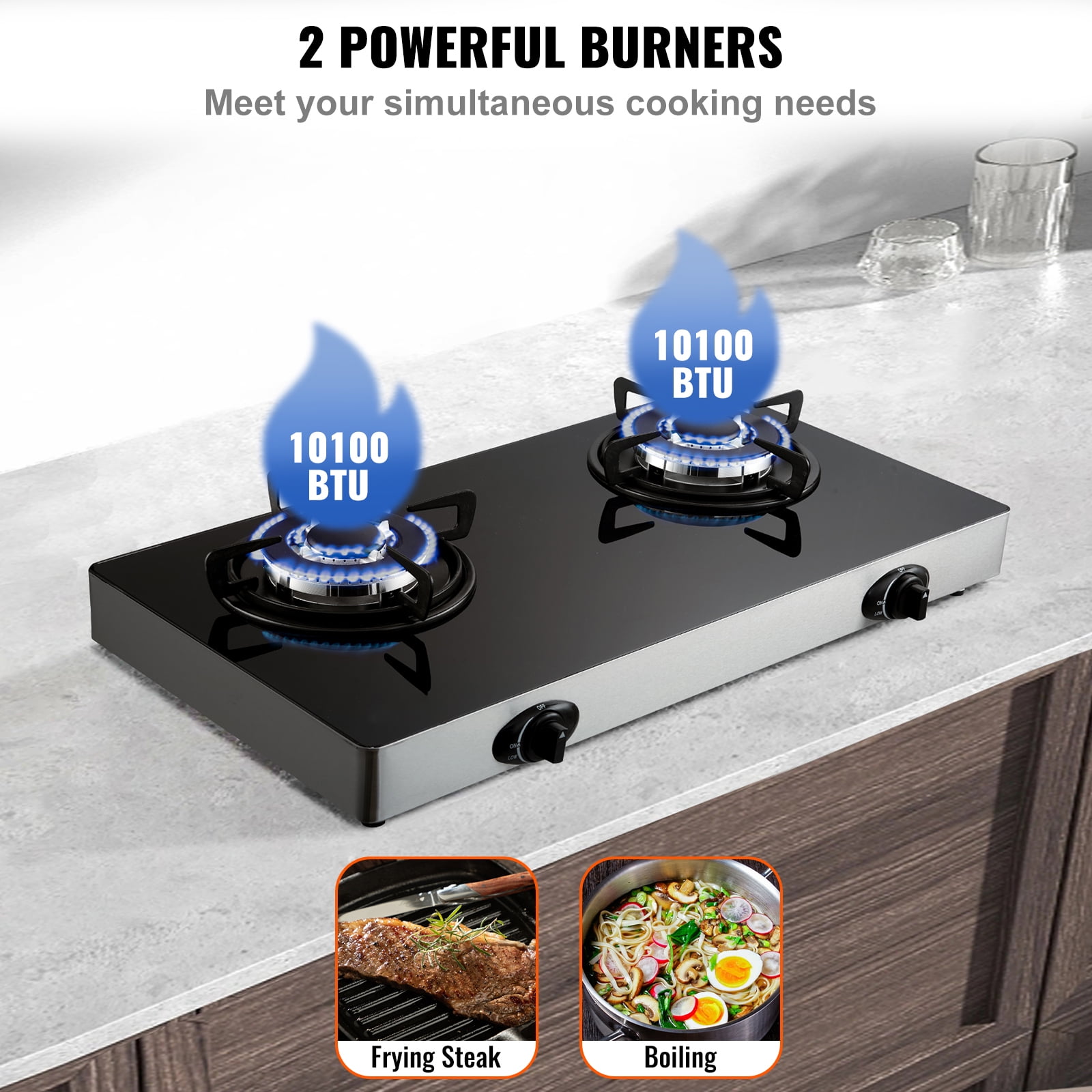 BENTISM Gas Cooktop Tempered Glass Countertop Cooktop 28" Max 10100BTU 2 Burners