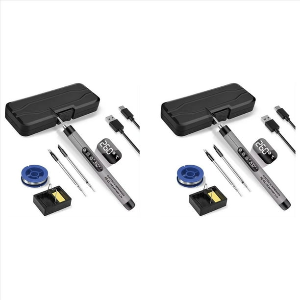 2X Mini Kit de Soldador Inalámbrico Soldador Portátil USB con LCD Kit de Soldadura de Temperatura Ajustable Gris