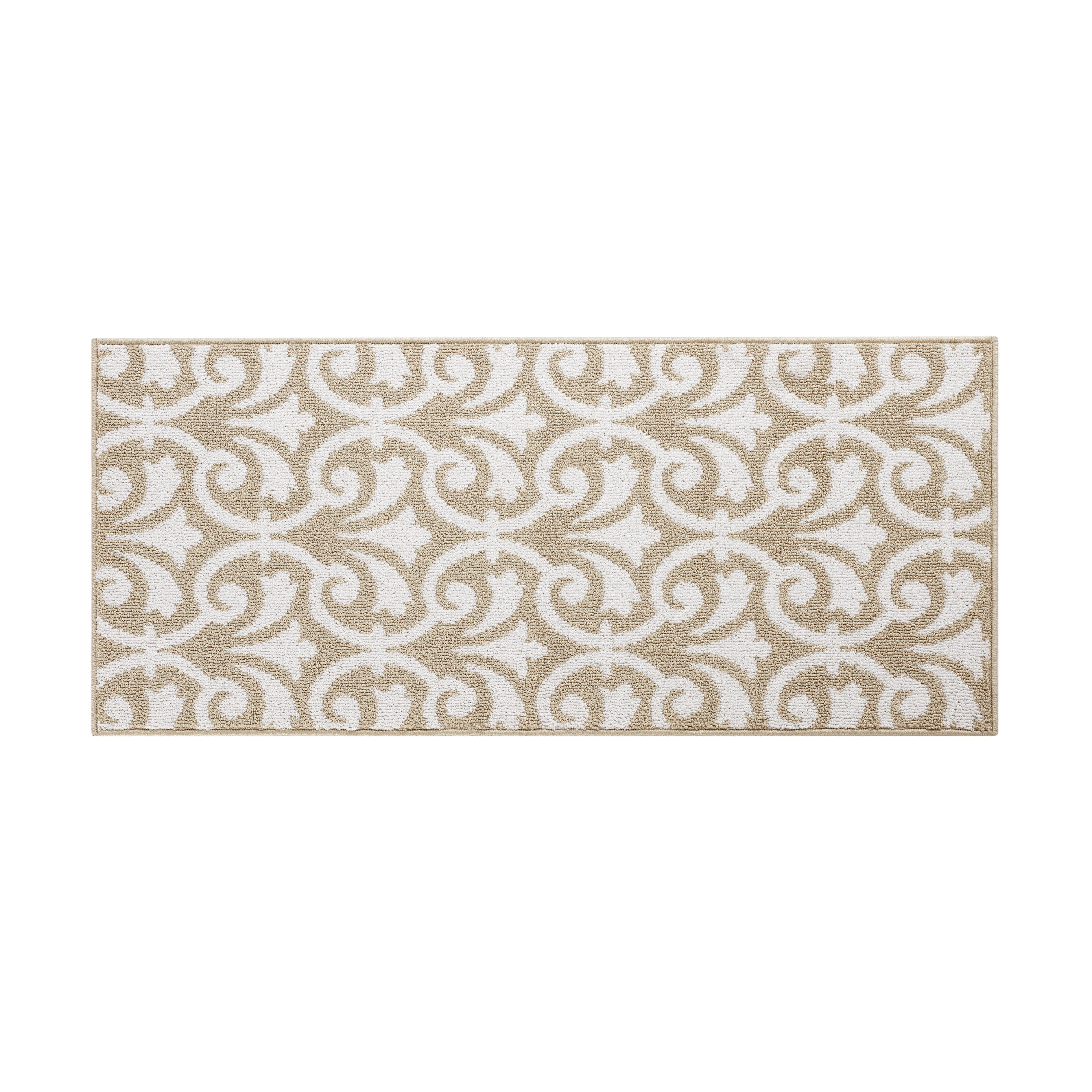 Washable Non-Slip Accent Rug, Floral Scroll, Beige and White, 26" x 45"