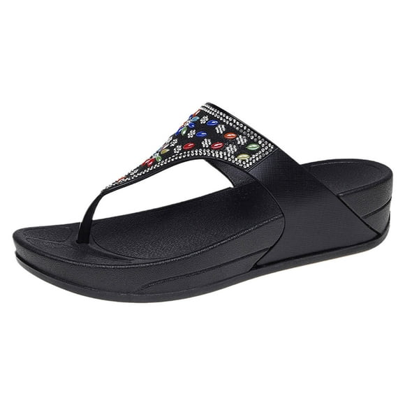 IUJSOY Womens Wedge Sandals Soft Cushion Thong Sandals Bohemia Jewelry Flip Flops Summer Slides