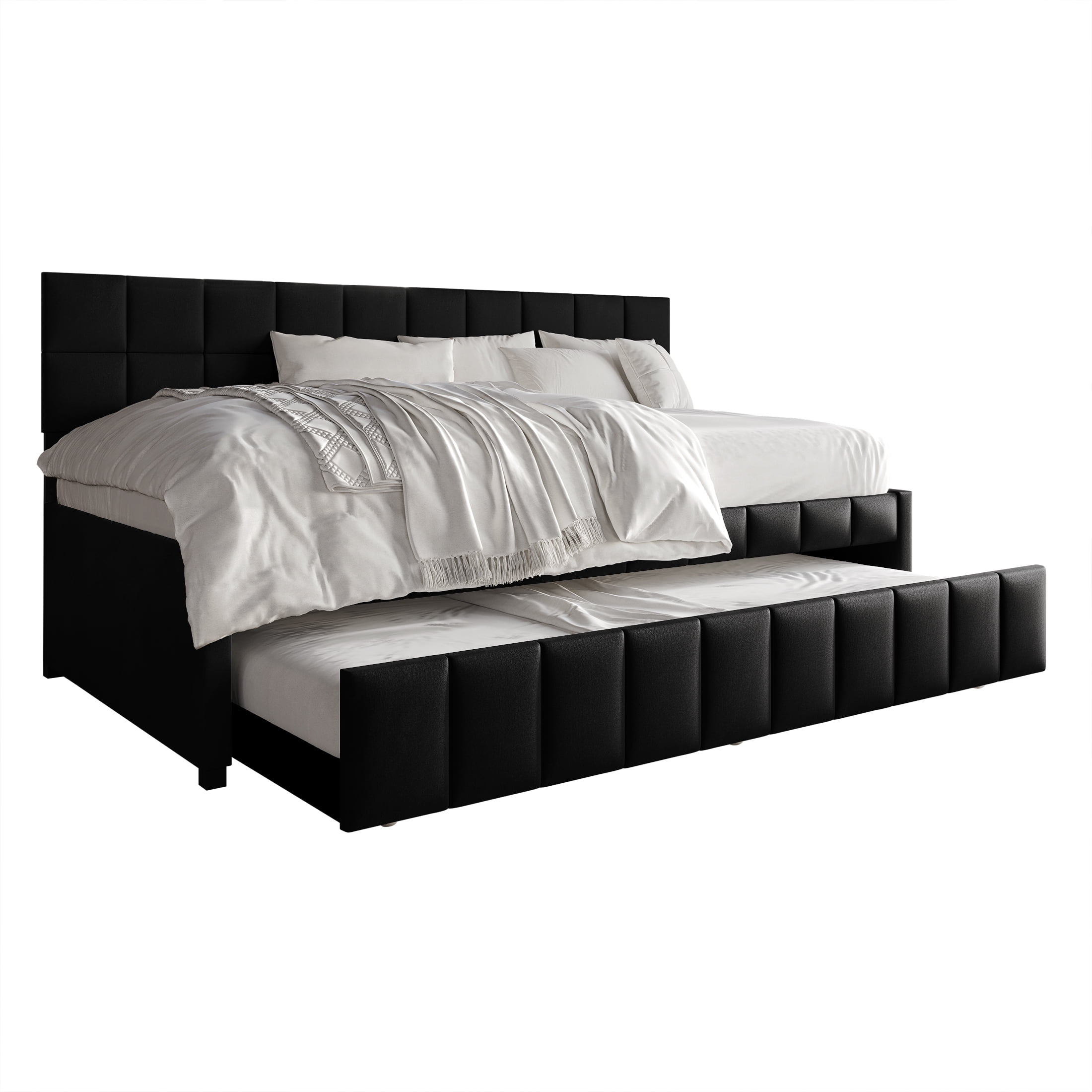 Castle Place Modern Velvet Upholstered Twin Daybed with Trundle, Black
