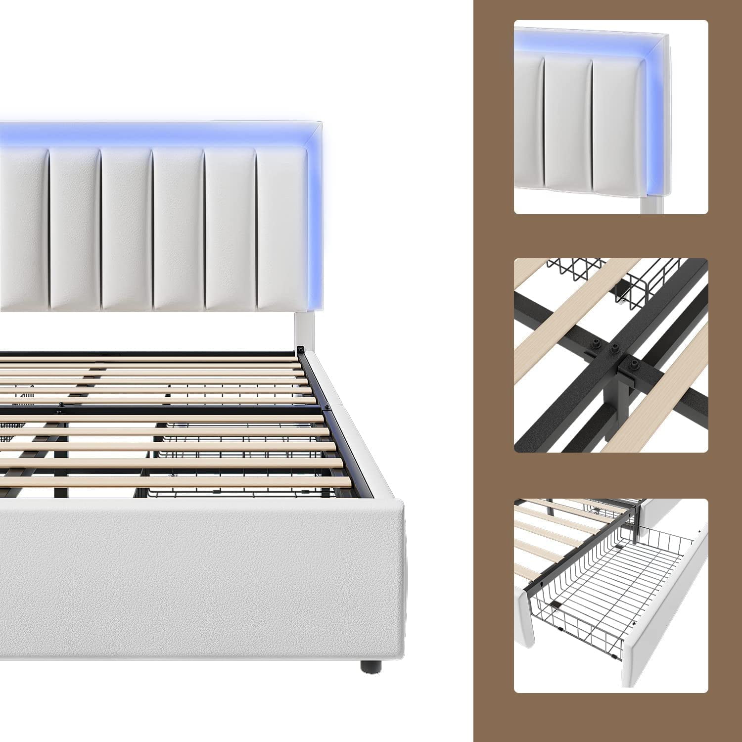 Catrimown Queen Size Bed Frame with LED Light Headboard, Upholstered Platform Bed Frame with Storage Drawers, No Box Spring Needed, White