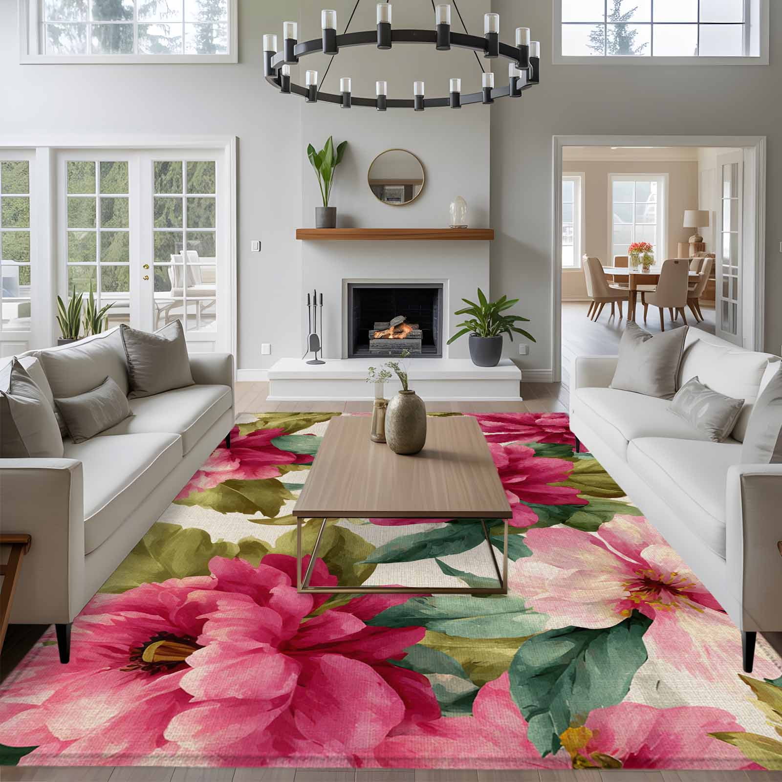 Pink Flowers Area Rugs 5'x7', Small Throw Rugs for Laundry Room Playroom, Spring Watercolor Floral Leaves Plants Beige Indoor Outdoor Rug Non-Slip Low Pile Carpet Runner Reversible Floor Mats