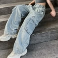 thumbnail image 5 of Kids Girls Wide Leg Denim Cargo Pants Casual Baggy Jeans High Waist Floor Length Jeans with Pockets, 5 of 8