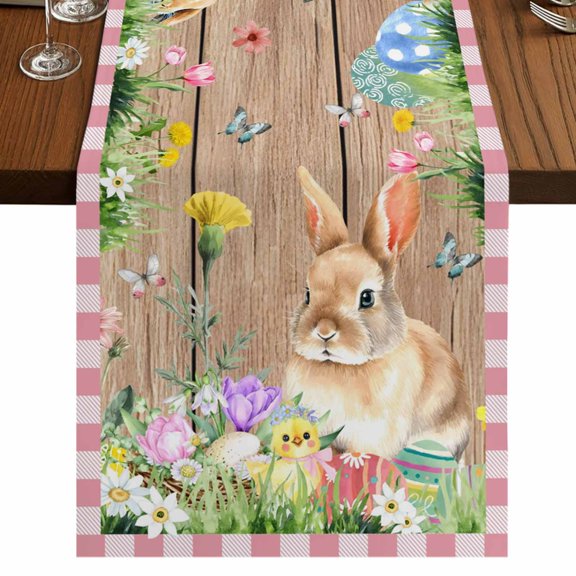 Table Runners 120 Inches Long Dress Scarves, Happy Easter Bunny Farmhouse Coffee/Dining/Kitchen Table Runner for Living Room, Spring Floral Wooden Pink Plaid 13x120 Inch