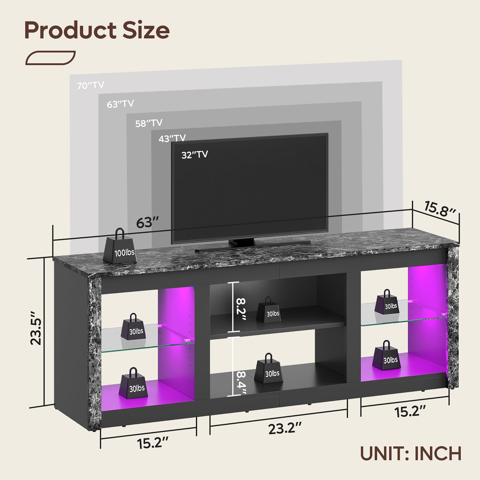 Bestier LED TV Stand for TVs up to 70", Entertainment Center with Storage Shelves, Black Marble