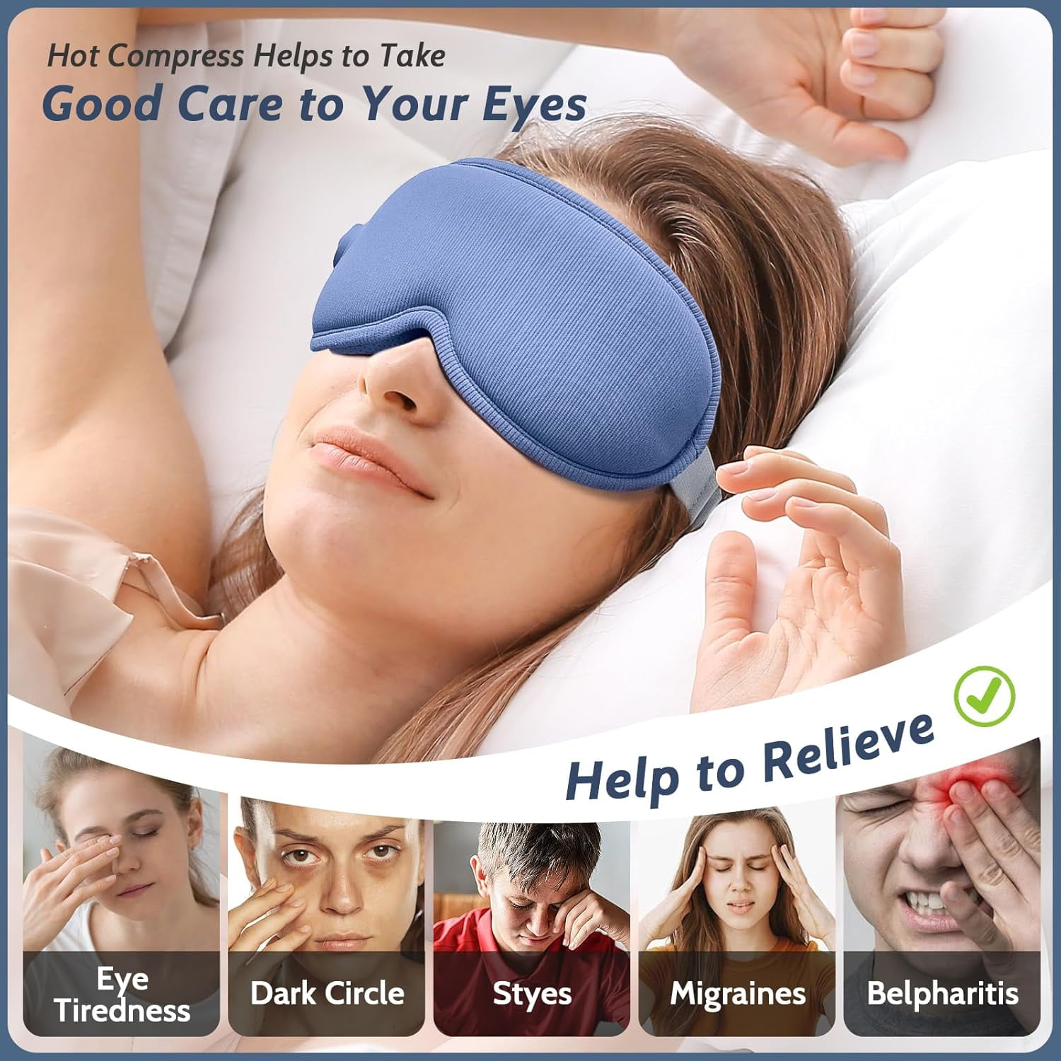Heated Massage Eye Mask, Heating Sleeping Eye Mask with 3 Level Heating, 5 Vibration Modes, 4 Massage Points, 30min Auto Off for Relax Eye Strain, Blue