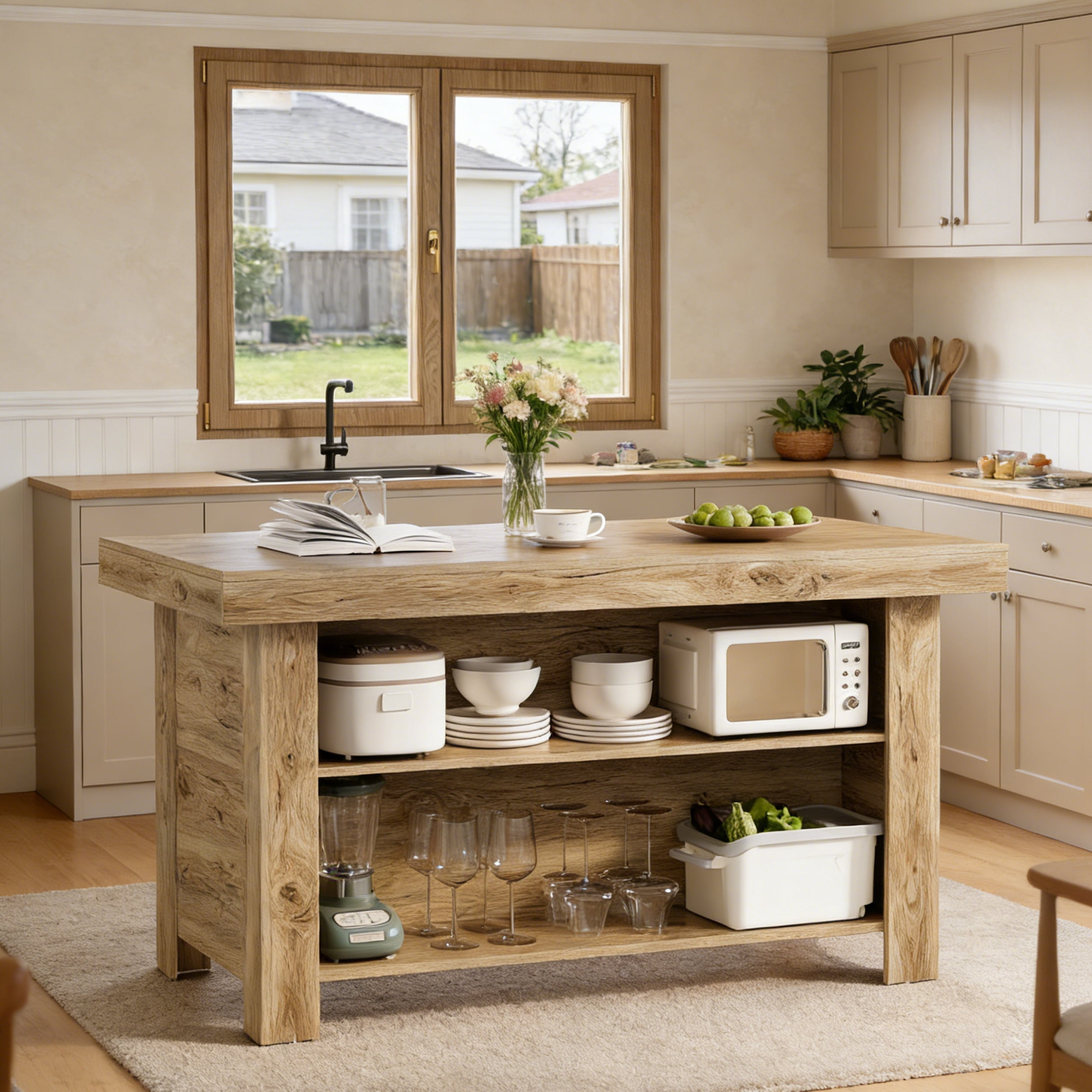 Fnova 55" Farmhouse Kitchen Island with Storage, Wooden Kitchen Table with 2-Tier Storage Shelves & Large Worktop, Modern Large Counter Height Table for Kitchen Prep & Dining