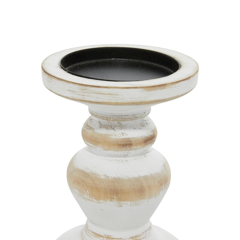DecMode Farmhouse White Washed Wood Pillar Candle Holders Set of 3 photo 4