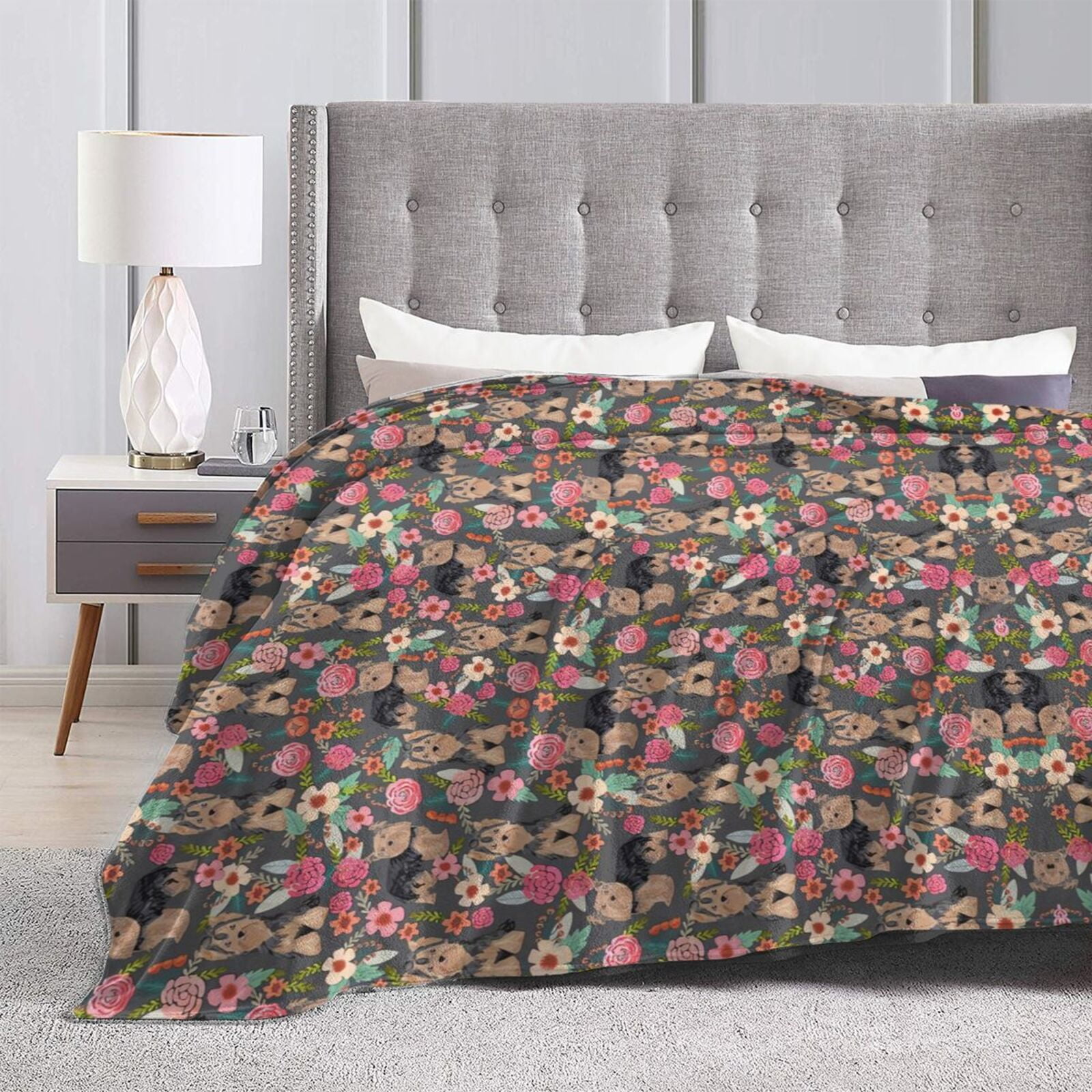Wijzvio Yogorkshire Terrier Florals Dog Throw Blanket Soft Fuzzy Fleece Blanket For Couch Bed Living Room Decoration 60"X50"