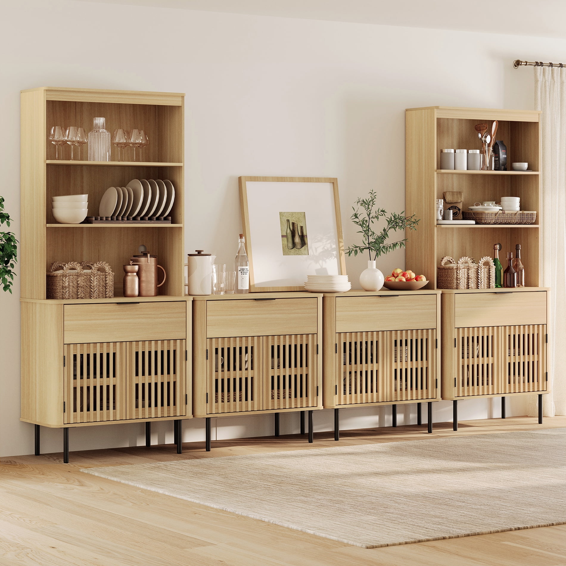 72.8" H X 126" W Kitchen Pantry With Bookcases, Push-to-open Door Kitchen Hutch With Drawer And Adjustable Shelf, Oak