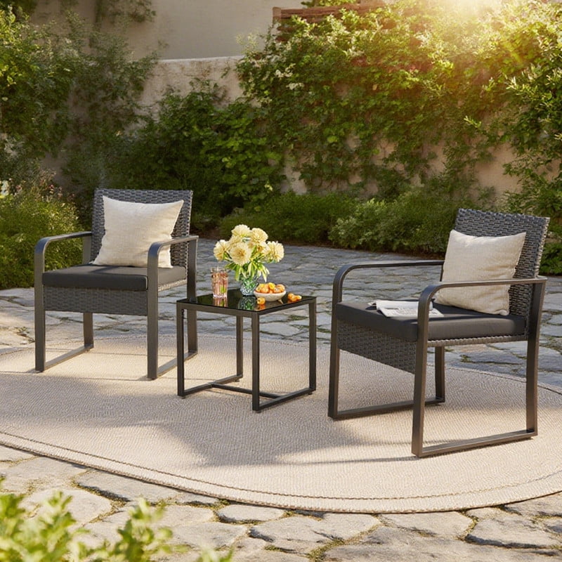 3 PCS Wicker Patio Set, Wicker Rattan Chairs and Tempered Glass Table, for Porch, Balcony, Backyard- Includes Black Cushions