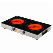 OVENTE Infrared Ceramic Double Burner, 1800W Hot Plate, Black BGI302GB, Crystalline Glass, Portable Stainless Steel Cooktop for Home, Office, or Dorm Use, Non-Slip Feet