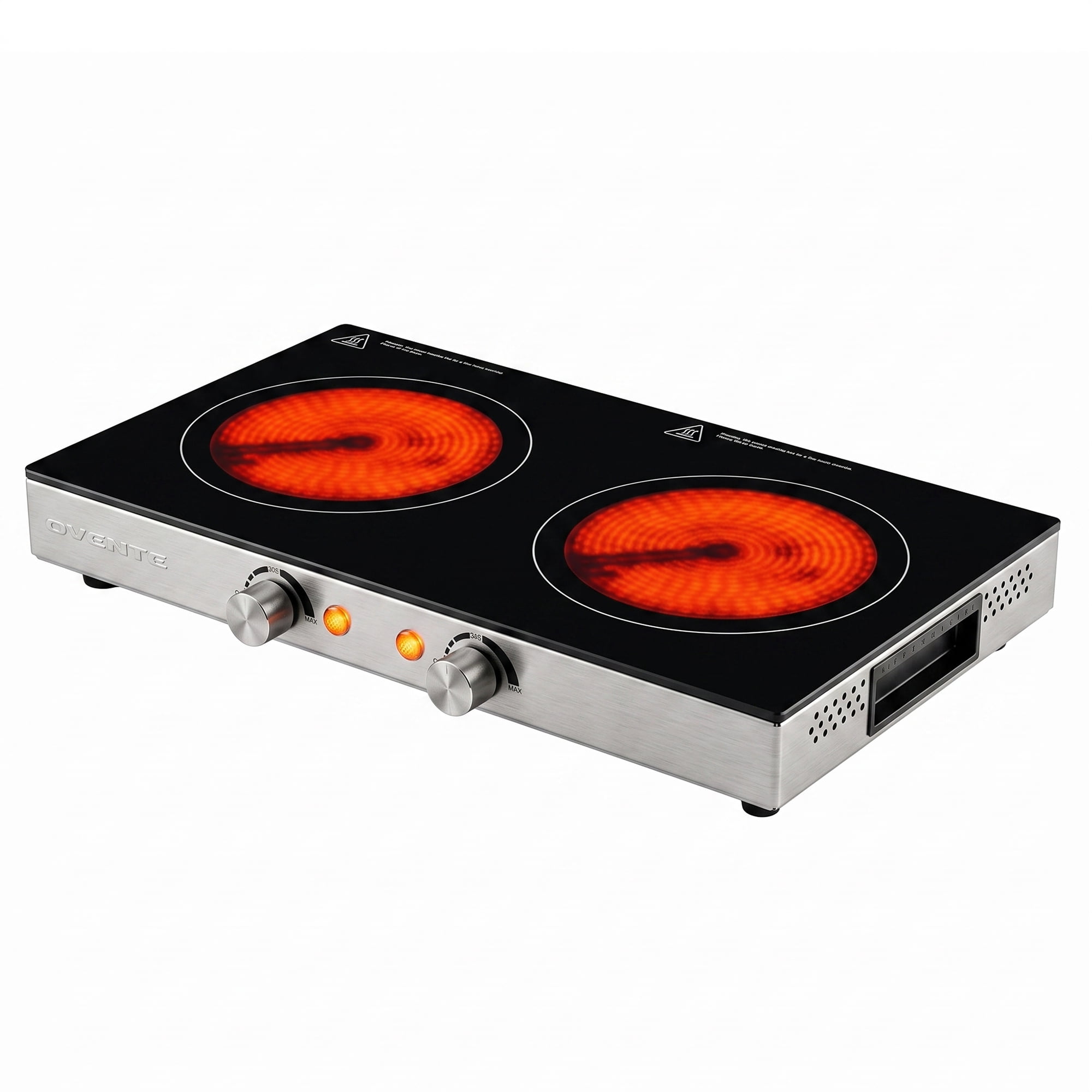 OVENTE Infrared Ceramic Double Burner, 1800W Hot Plate, Black BGI302GB, Crystalline Glass, Portable Stainless Steel Cooktop for Home, Office, or Dorm Use, Non-Slip Feet
