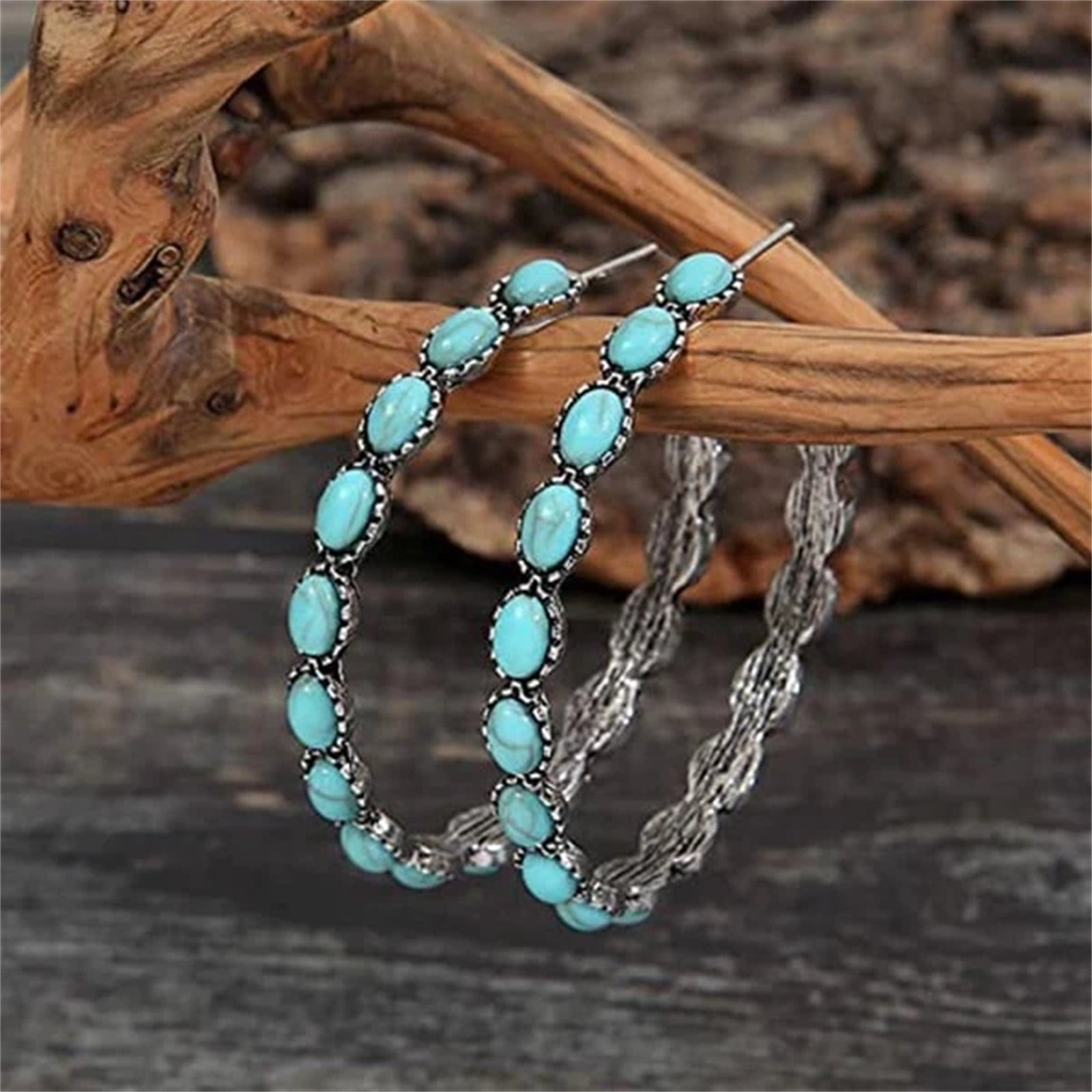 Natural Turquoise Dangle Earrings - Large Oval Statement Teardrop Bohemian Hoop Earrings For Women - View #3