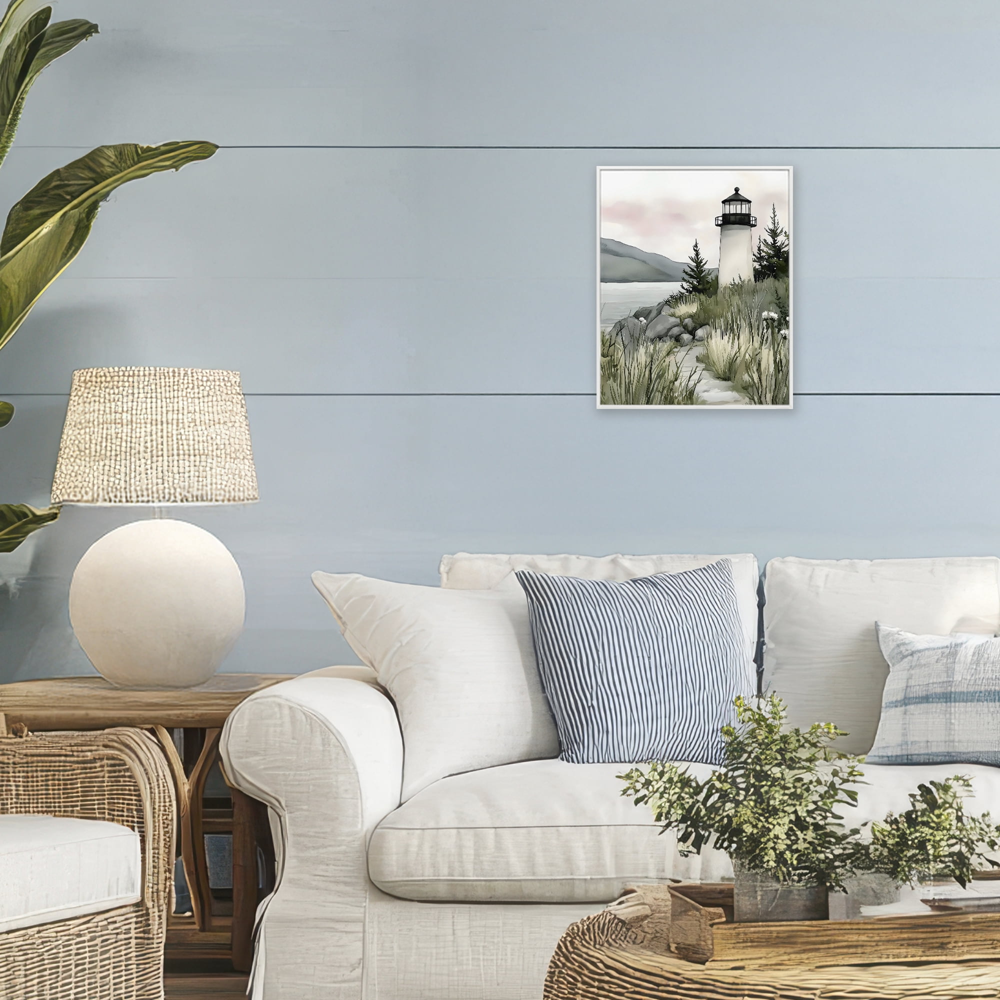 Stupell Industries Coastal Calm Lighthouse White Framed Giclee Art, design by Riley B
