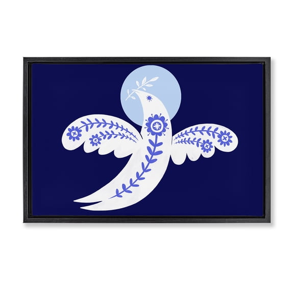 Stupell Industries Peace Dove with Folk Florals Animals Painting Black Floater Framed Canvas Art Print Wall Art, 25 x 17