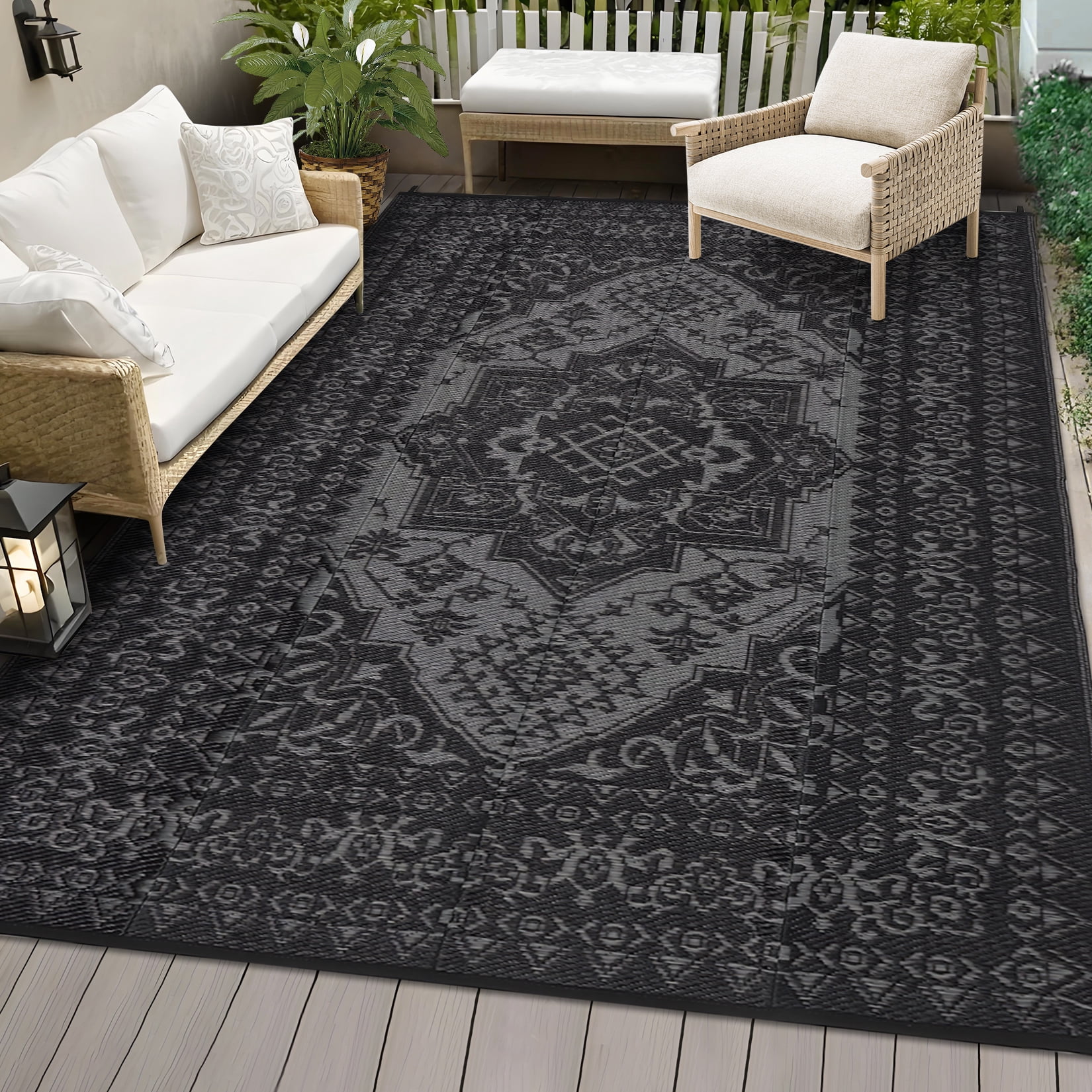 Nanan 9×12 Outdoor Persian Plastic Rug, Weather Resistant Reversible Patio Rug, Non-Slip Waterproof Outdoor Carpet for Patio, Deck, Balcony, Poolside, Camping, Black
