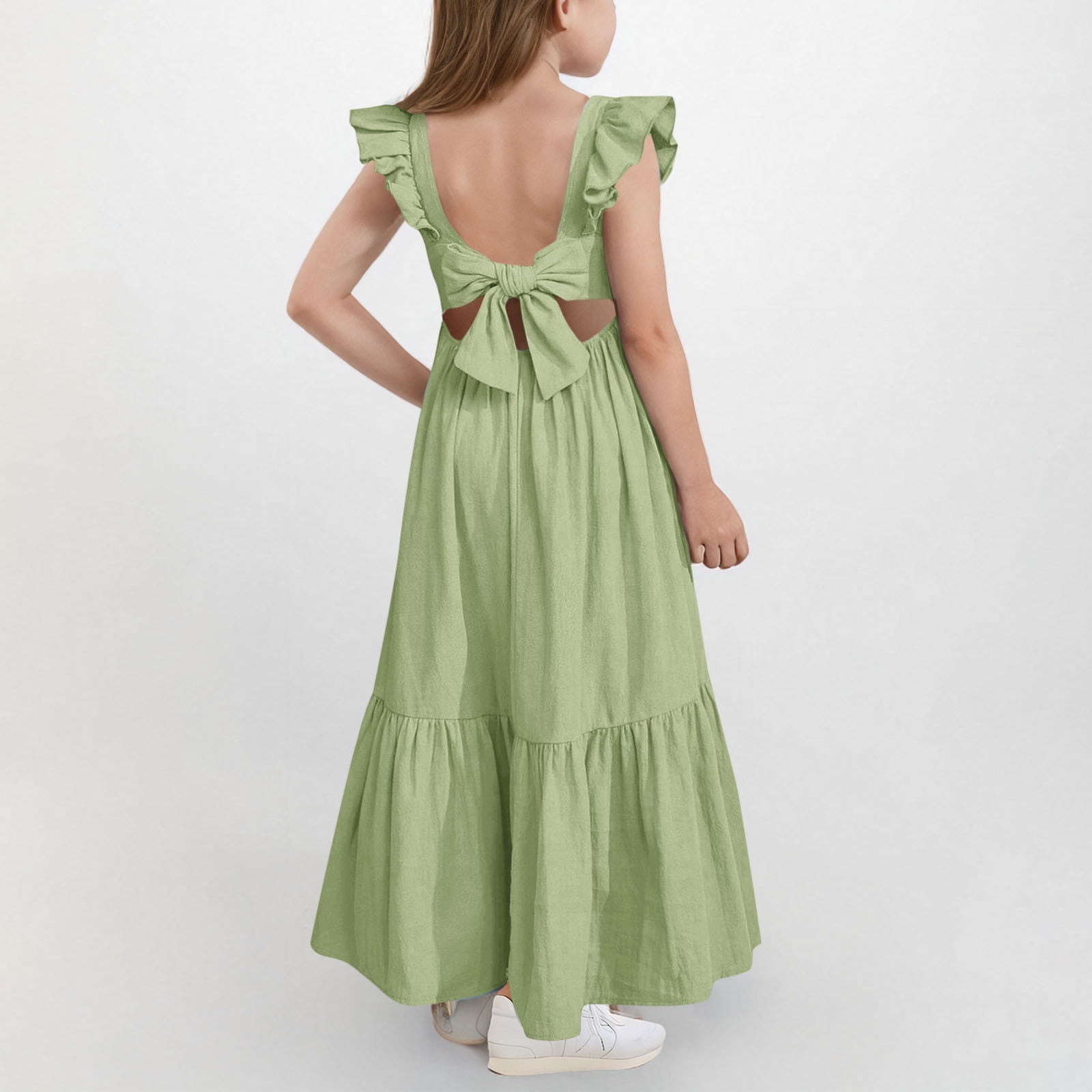Cotton Linen Dresses for Girls Summer Size 4-15 Teens Kids Trendy Bowknot Backless Ruffle Sleeveless A-Line Beach Maxi Sundresses