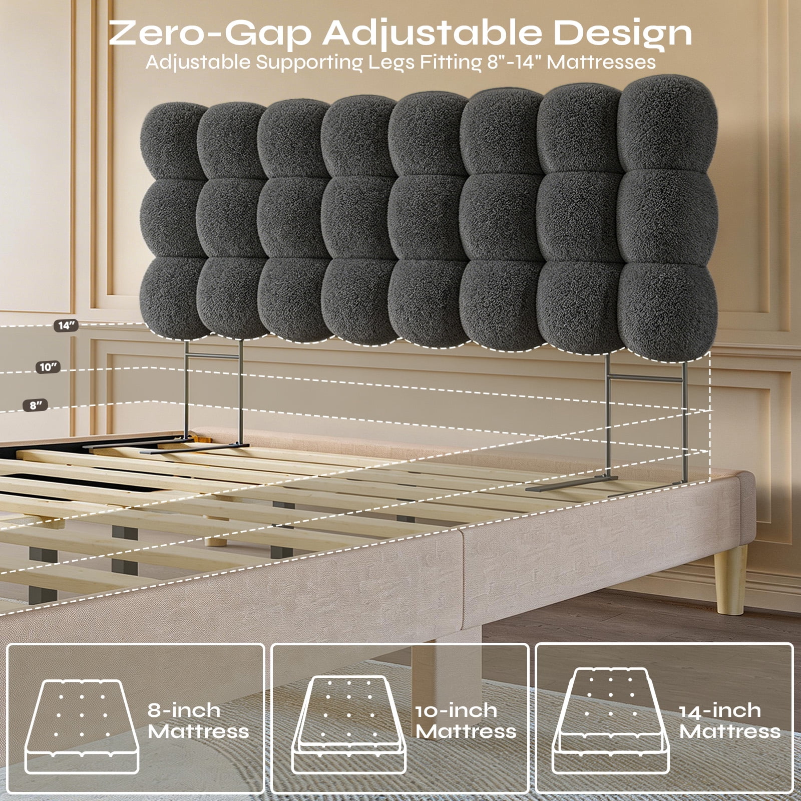 Pinmoco Queen Size Upholstered Headboard with Adjustable Height, Memory Foam Cloud-Shaped Ergonomic Design, Teddy Fleece Gray