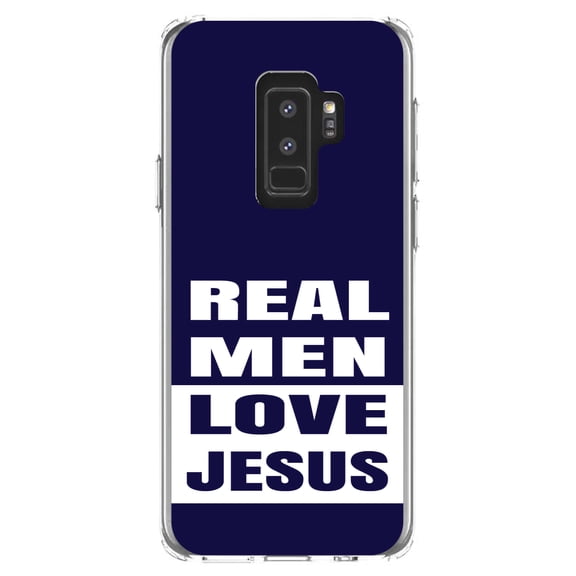DistinctInk Clear Shockproof Hybrid Case for Samsung Galaxy S9  PLUS (6.2" Screen) - TPU Bumper, Acrylic Back, Tempered Glass Screen Protector - Navy Real Men Love Jesus - Christ