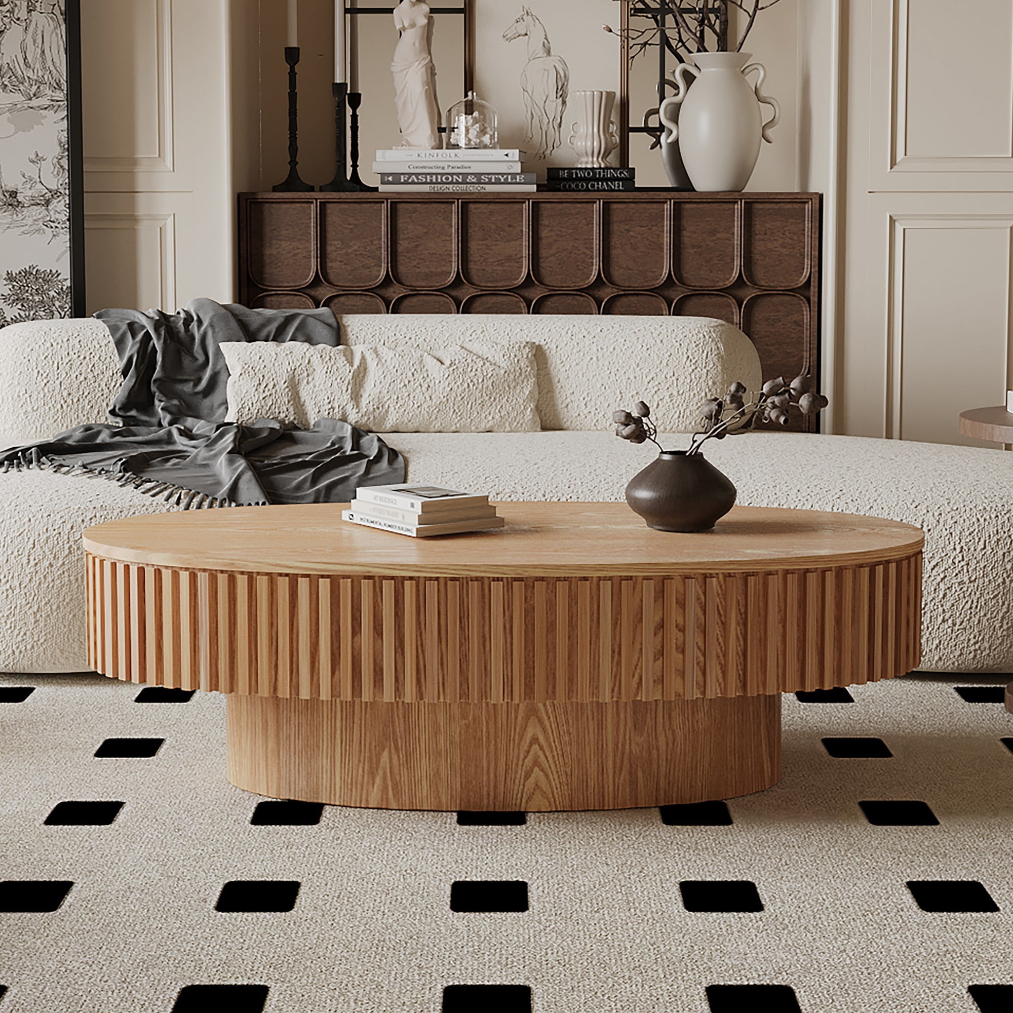 47" Oval Coffee Table with Storage, Fluted Modern Coffee Table with Hidden Storage, Wood Veneer Center Table for Living Room, Natural