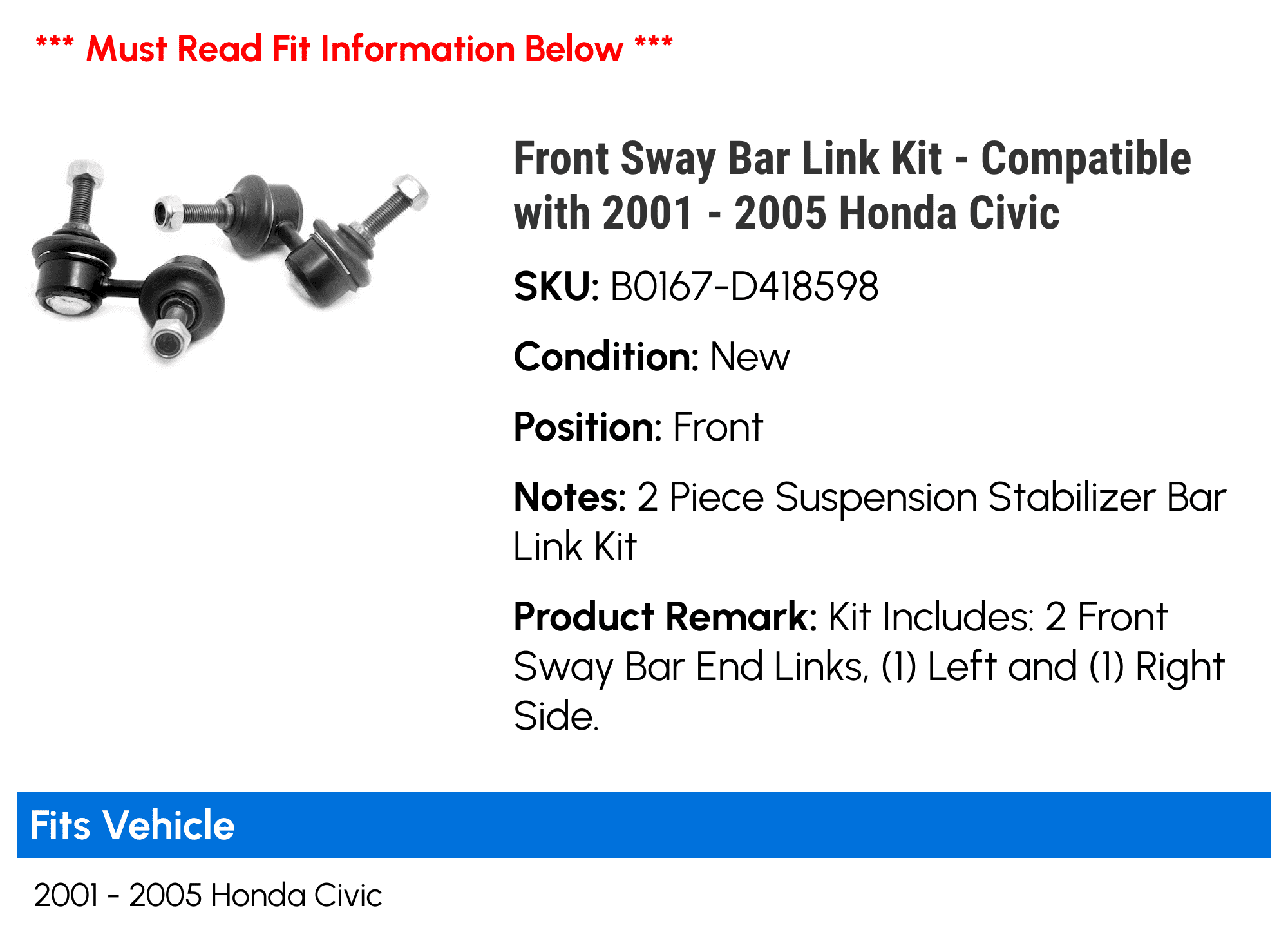 Front Sway Bar Link Kit - Compatible with 2001 - 2005 Honda Civic 2002 2003 2004