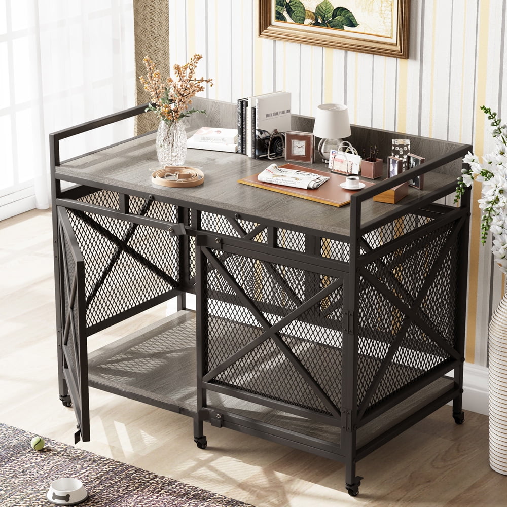 48 inch Dog Crate Furniture for Large Breeds (Up to 90 lb), Wooden & Steel, 360° Casters, Waterproof Top, Steel Lock,Textured Gray