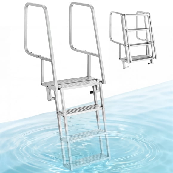 VEVOR Flip-Up Dock Ladder, 4-Step, Heavy-Duty Aluminum Alloy Pontoon Boat Swim Ladder, with Non-Slip Wide Steps, 350 lbs Weight Capacity, Pull Rope Assist