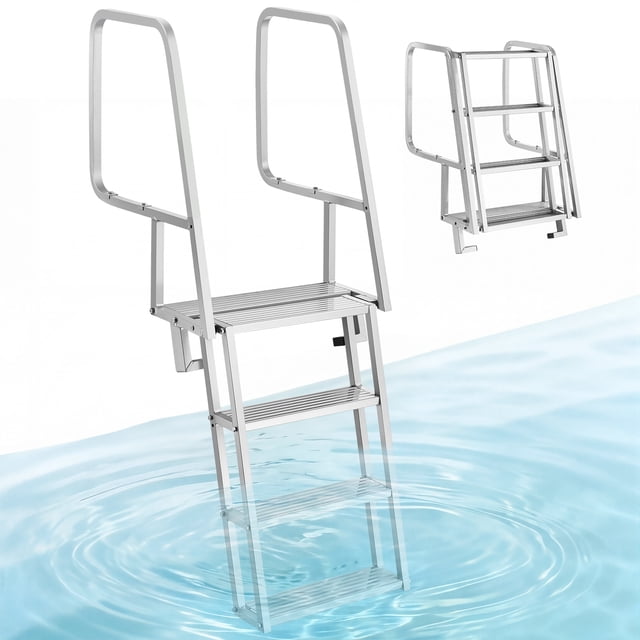 VEVOR Flip-Up Dock Ladder, 4-Step, Heavy-Duty Aluminum Alloy Pontoon Boat Swim Ladder, with Non-Slip Wide Steps, 350 lbs Weight Capacity, Pull Rope Assist