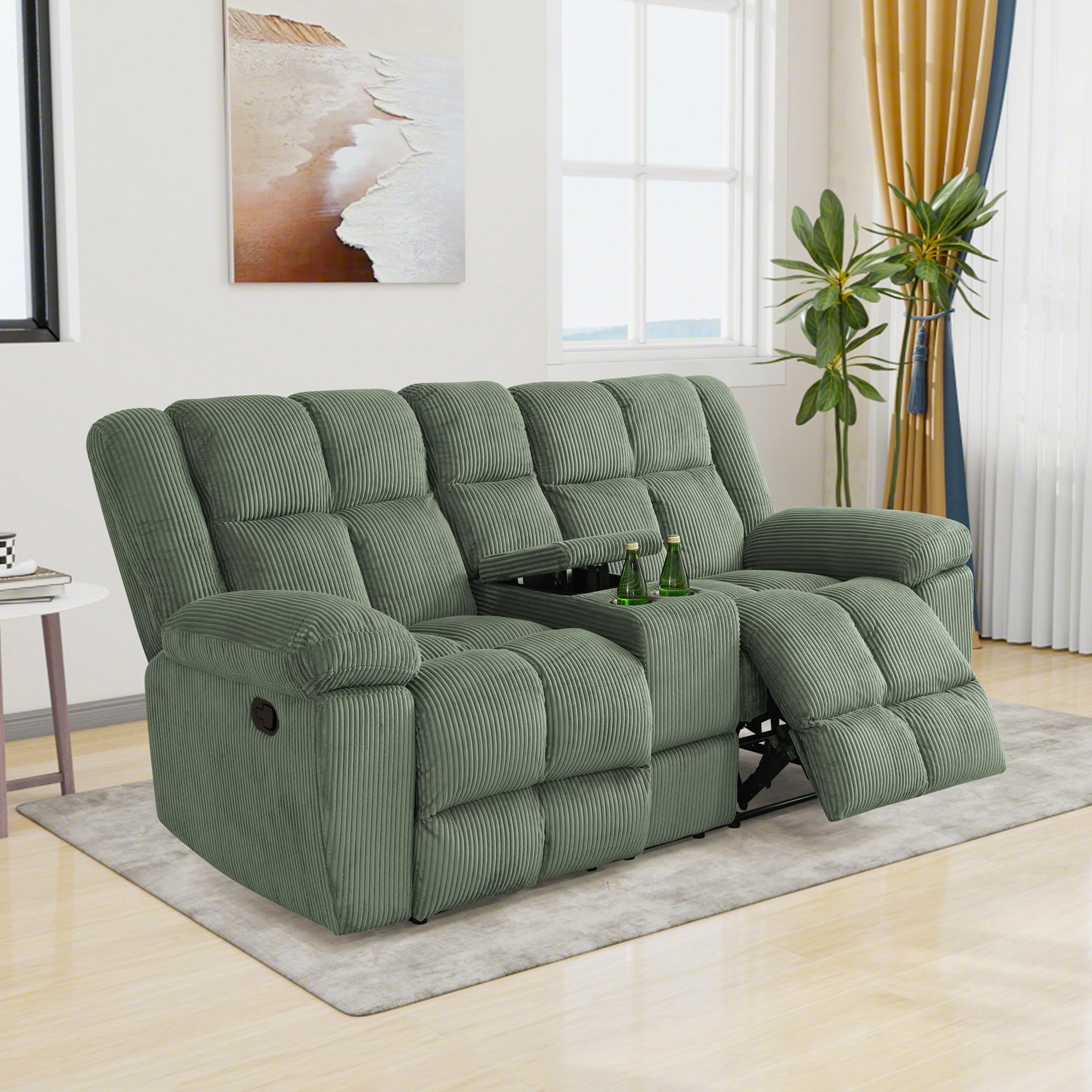 Gewnee Multifunctional Loveseat, Cup Holders, Corduroy Upholstery, Solid Wood Frame, Ideal for Living Room, Green
