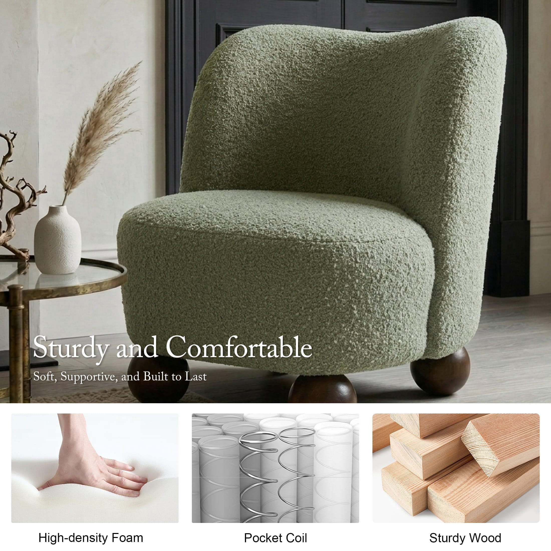 Aenkyo Contemporary Boucle Armless Accent Chair with Sculptural Wood Ball Feet, Green