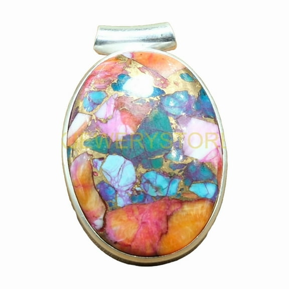 Large Oval Orange Spiny Oyster Turquoise Stone 925 Sterling Silver Handmade Statement Pendant for Men and Women