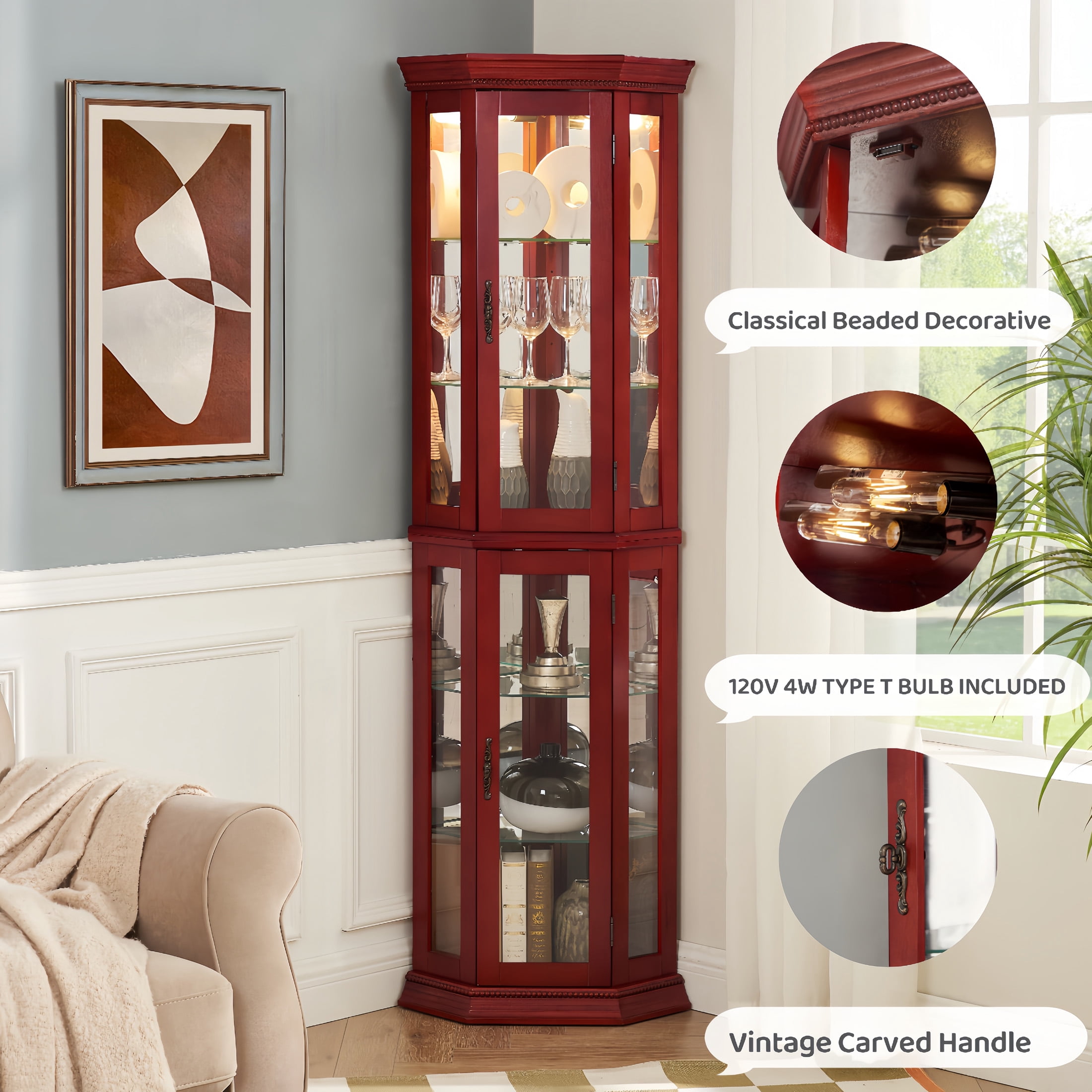 Aukfa Glass Storage Cabinet, Lighted Display Cabinet with Adjustable Shelves, Cherry