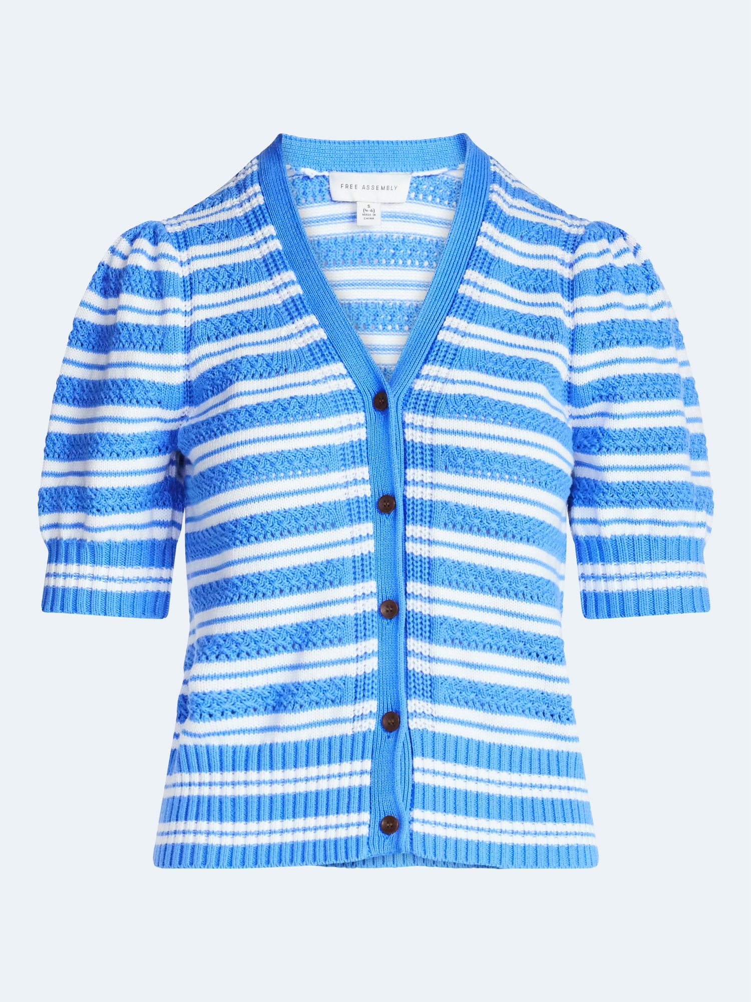 Free Assembly's Women's Cotton Crochet Cardigan Sweater with Puff Sleeves, Sizes XS-4X
