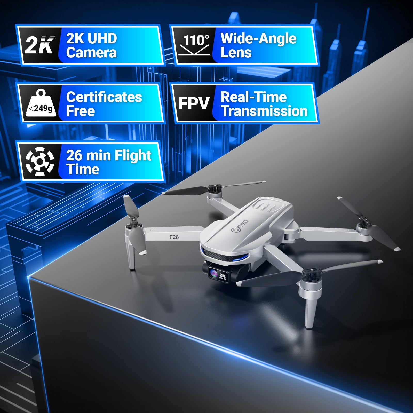 Contixo F28 GPS Drones for Adults with Camera, Foldable RC Drone with 2K Full HD Camera and 26-Min Flight, Gray