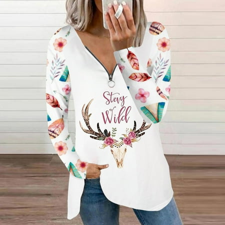 

Aueoeo Womens Winter Tops Work Tops for Women Fashion Women Casual Print V-Neck Long Sleeve Loose T-Shirt Autumn Blouse Pullover Tops