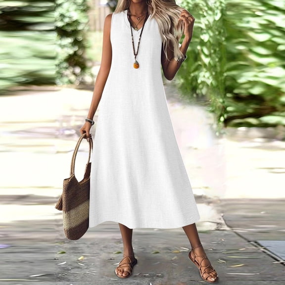 Summer Boho Dresses For Women 2026 Casual V-Neck Sleeveless Solid Long Tank Dress Summer Fashion Outfits — White∣L