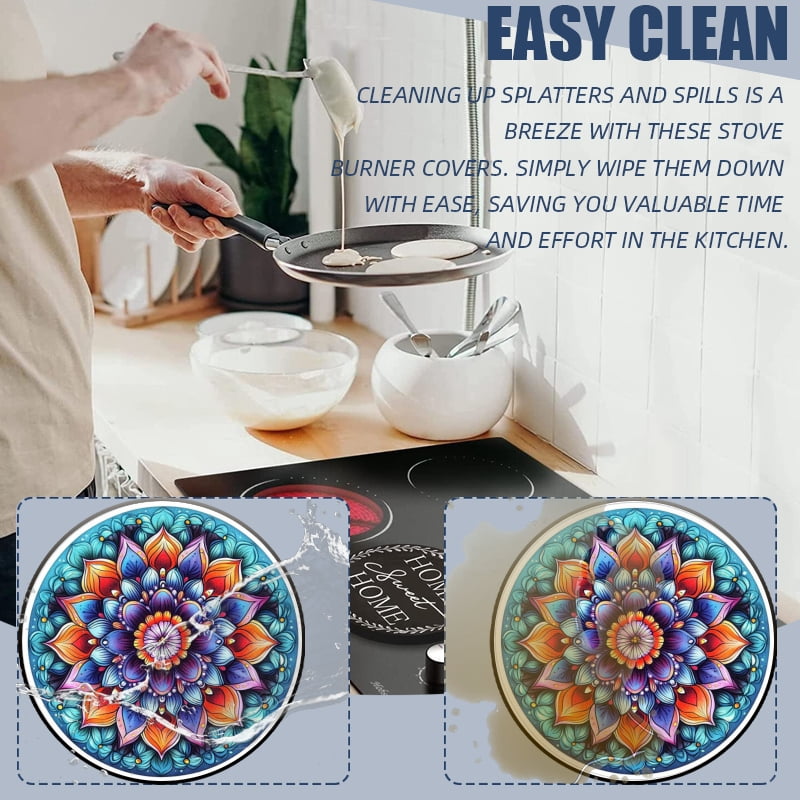 Round Stove Burner Covers Set of 4, Multicolored Mandala Lotus Pattern Easy to Clean Kitchen Decorative Gas Stove Burner Covers, 8 Inches and 10 Inches
