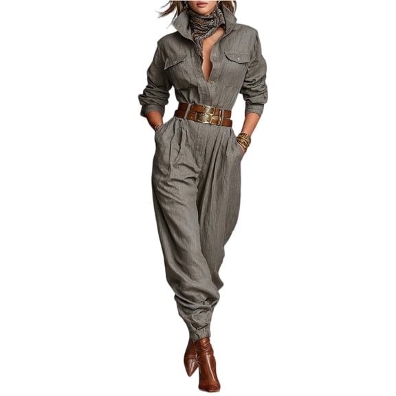 Women's Casual Long Sleeve Collared Belted Jogger Jumpsuit with Pockets