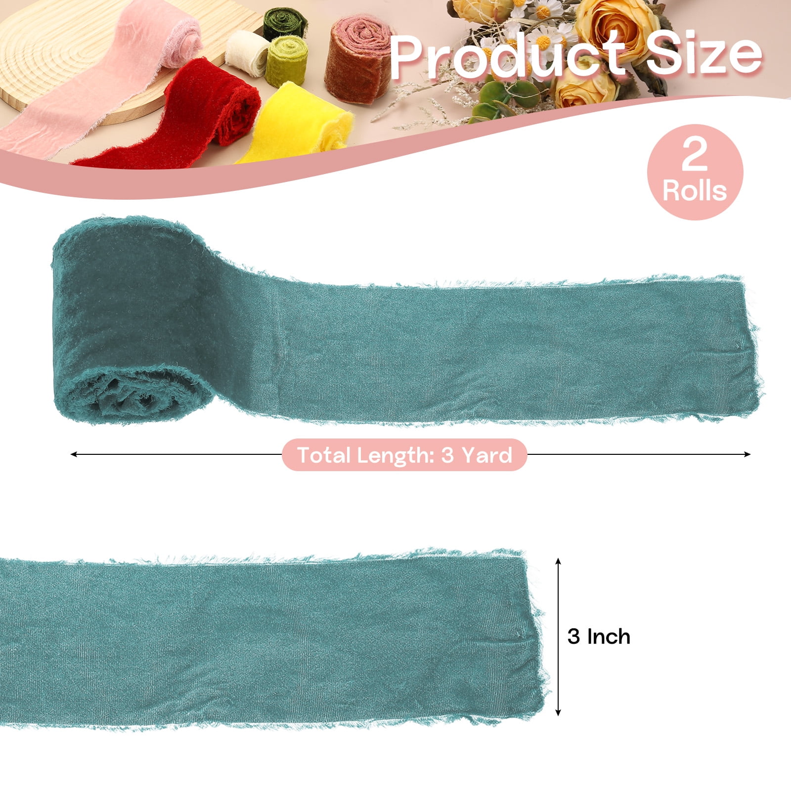 Uxcell 2 Roll Velvet Ribbon, 3 Inch x 3 Yard Handmade Silk Fringe Frayed Ribbon for Wedding Decoration, Gray Green
