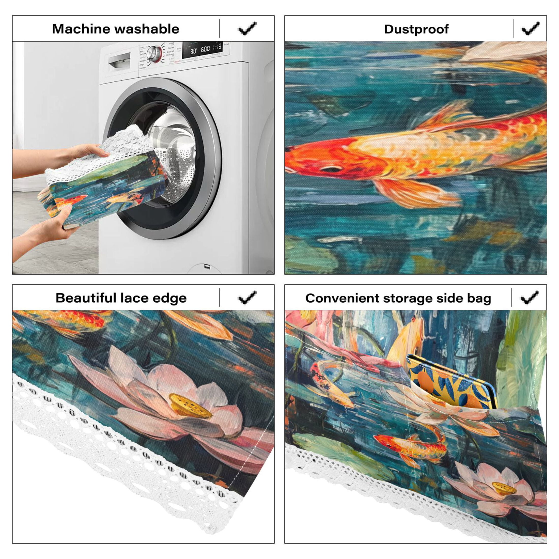 Goldfish in The Lotus PondWasher and Dryer Covers Dust-Proof and Oil Resistant Fridge Cover with 4 Storage Pockets Washing Machine Top Cover for Laundry Kitchen Home 51.2 x 22 In