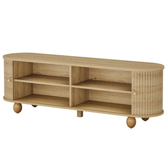 Kadyn 70" Extra Long Farmhouse Fluted TV Stand with Storage Shelves and Sliding Doors for TVs up to 65 Inches, Walnut