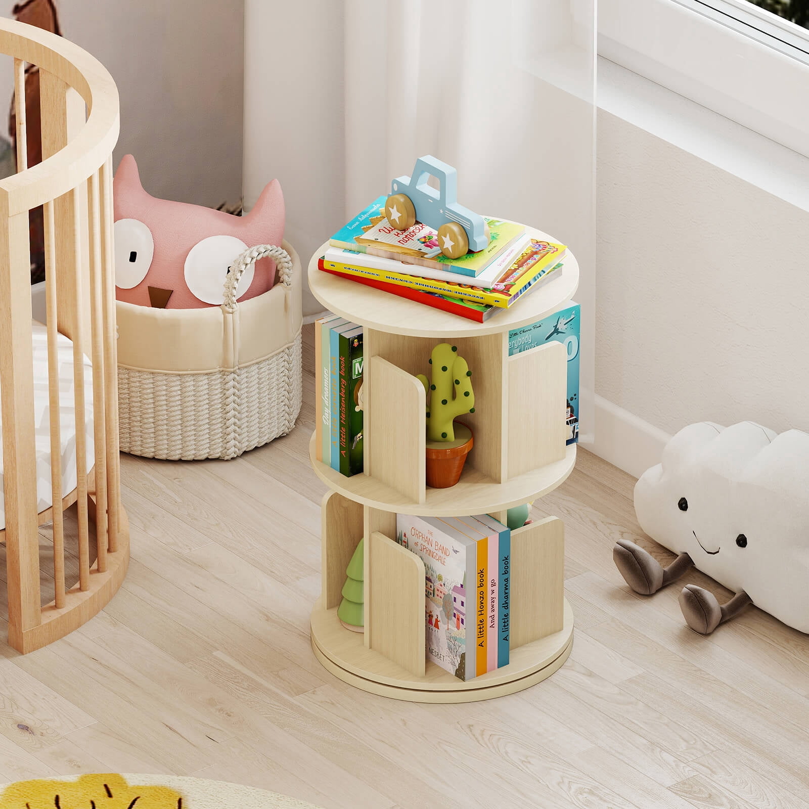 Costway 1 PCS 2-Tier Rotating Bookshelf 360° Display Rack with Dividers & Anti-falling Baffles Natural