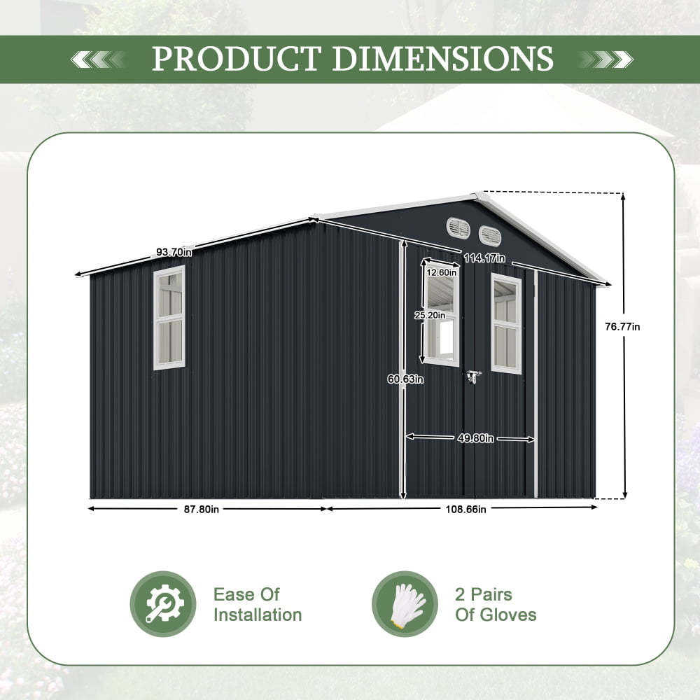 8x8 FT Storage Shed with Protective Film, 4 Windows & Lockable Doors in Dark Gray