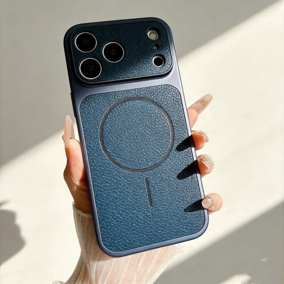 For iPhone 17 Pro Magnetic Phone Case,Compatible With Mag-Safe,Lychee Pattern PU Leather Baxk Design,Anti-Scratch Shockproof Anti-fall Non-Slip Protection,Ultra Slim Phone Case,Darkblue
